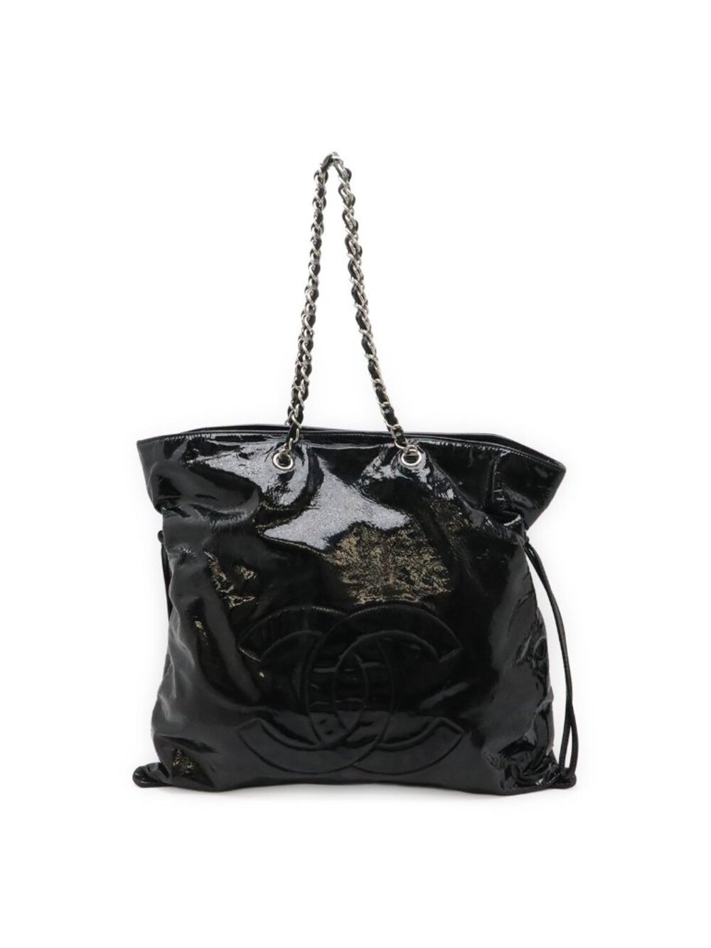 Chanel CC Logo Bonbon Tote Chain Shoulder Bag Drawstring Enamel Leather Black